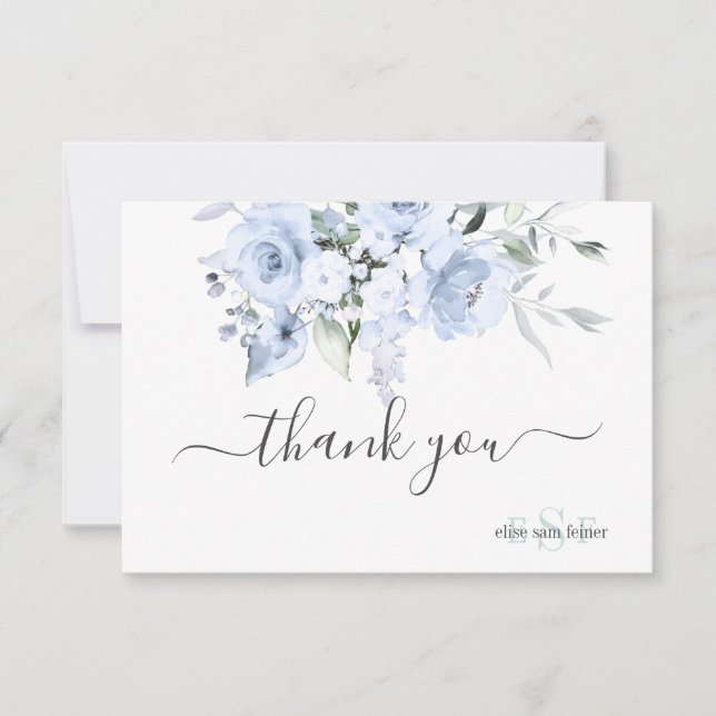 PixDezines Monogram Dusty Blue Rose Vielen Dank Dankeskarte (Vorderseite)