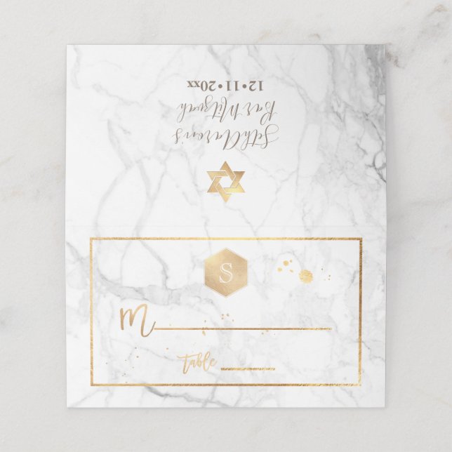 PixDezines Monogram Imitate Gold Honeycomb+Marmor Platzkarte (Außenseite Aufgefaltet)