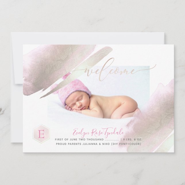 PixDezines MONOGRAM, PLATINUM+BLUSH Baby Girl Ankündigung (Vorderseite)