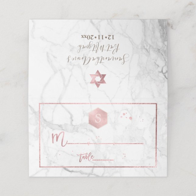 PixDezines Monogram Rose Gold Honeycomb+Marmor Platzkarte (Außenseite Aufgefaltet)