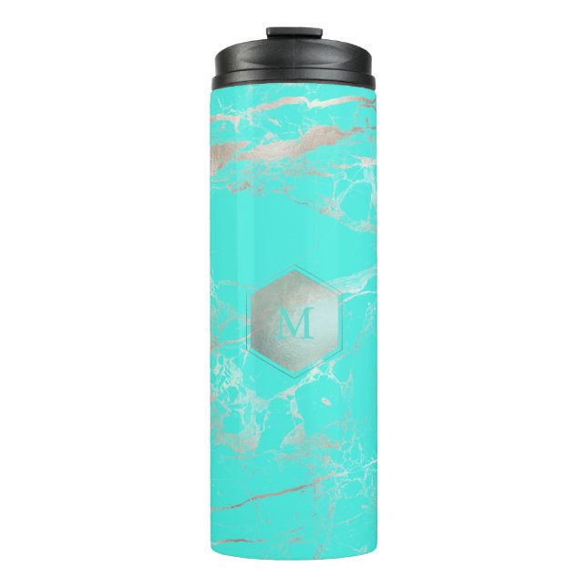 PixDezines MONOGRAM TURQUOISE SILVER VEINS Thermosbecher (Vorderseite)