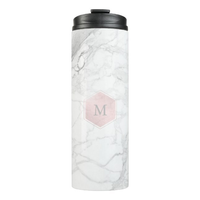 PixDezines MONOGRAM WHITE MARBLE+BLUSH HONEYCOMB Thermosbecher (Vorderseite)