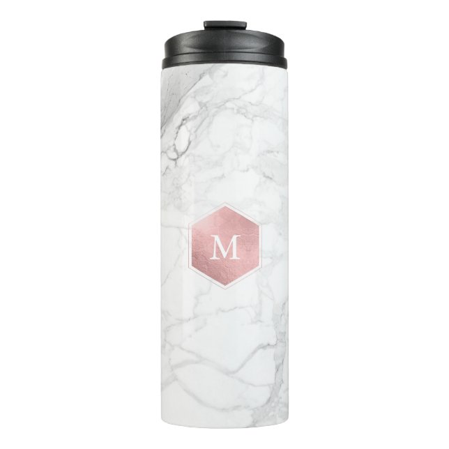 PixDezines MONOGRAM WHITE MARBLE+ROSE GOLD Thermosbecher (Vorderseite)