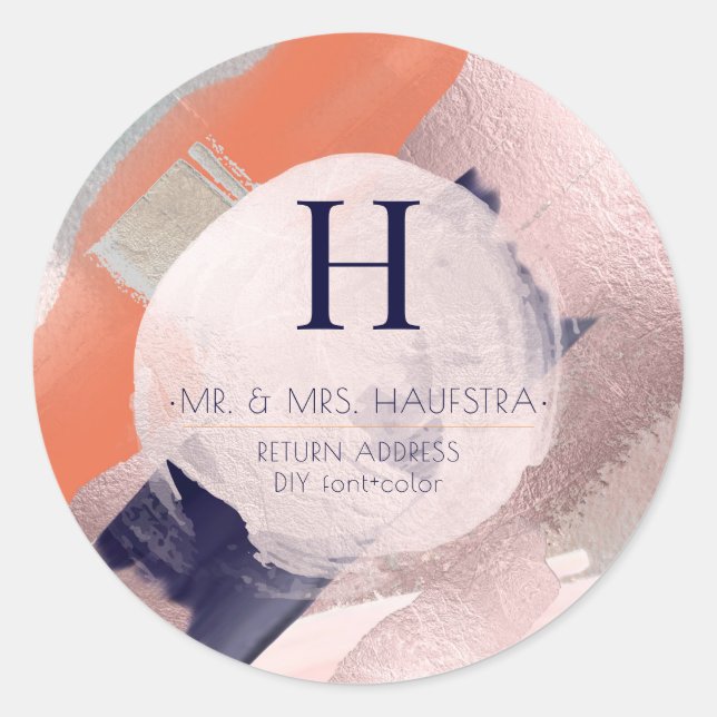 PixDezines Monogramm, Blush+Navy-Farbblock Runder Aufkleber (Vorderseite)