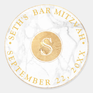 PixDezines Monogramm Faux-Gold+Marmor Mitzvah Runder Aufkleber