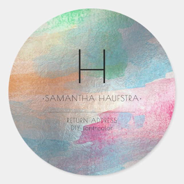 PixDezines Monogramm Iridescent Brushed Wasserfarb Runder Aufkleber (Vorderseite)