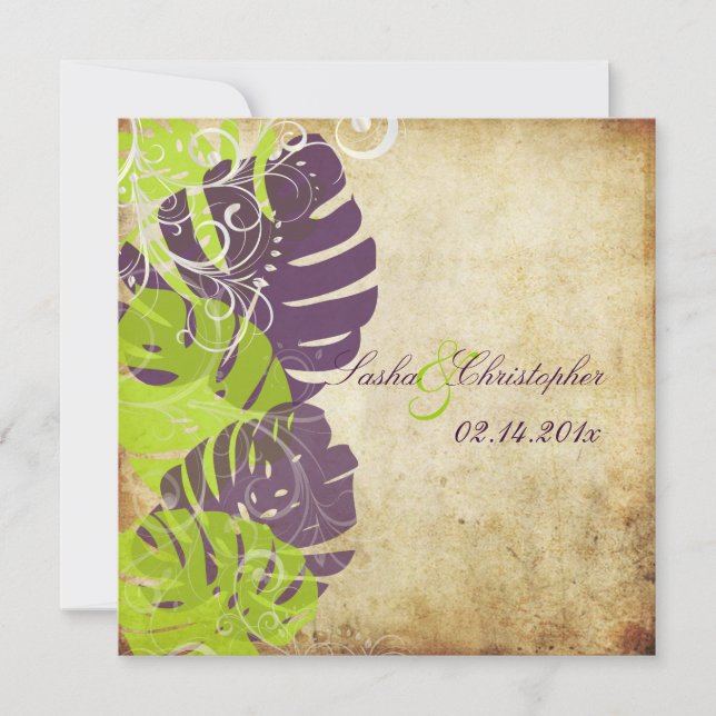 PixDezines Monstera, Tropenfolien + Wirbel Einladung (Vorderseite)