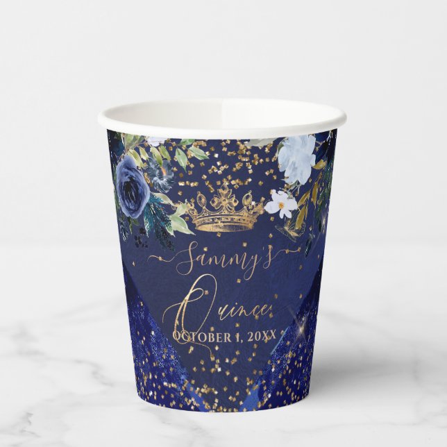 PixDezines Navy Blue Gold Glitzer QuinceDress Pape Pappbecher (Links)