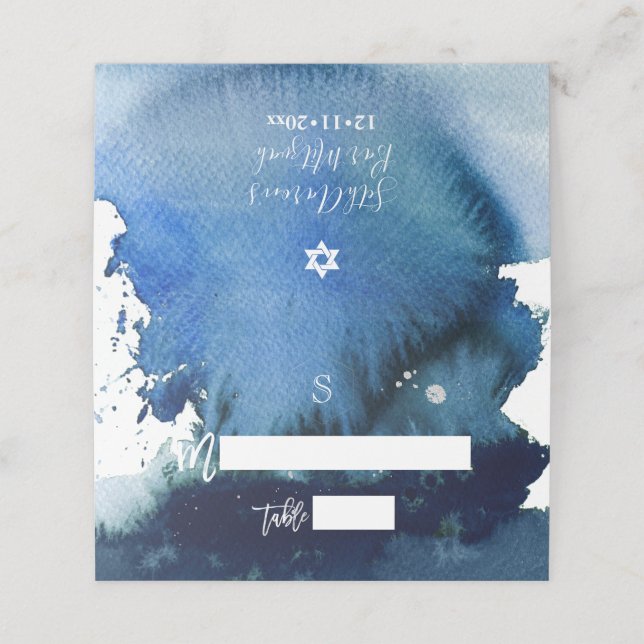 PixDezines Navy Blue Watercolor Bar Mitzvah Platzkarte (Außenseite Aufgefaltet)