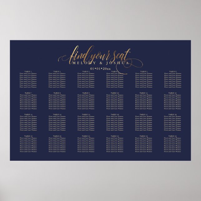 PixDezines Navy+Gold-Kalligraphie, Seating Chart Poster (Vorne)