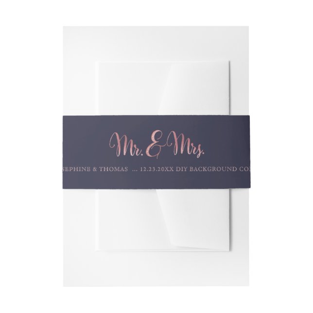 PixDezines Navy+Imitate Rose Gold Mr+Mrs. Einladungsbanderole (Vorderseite Beispiel)