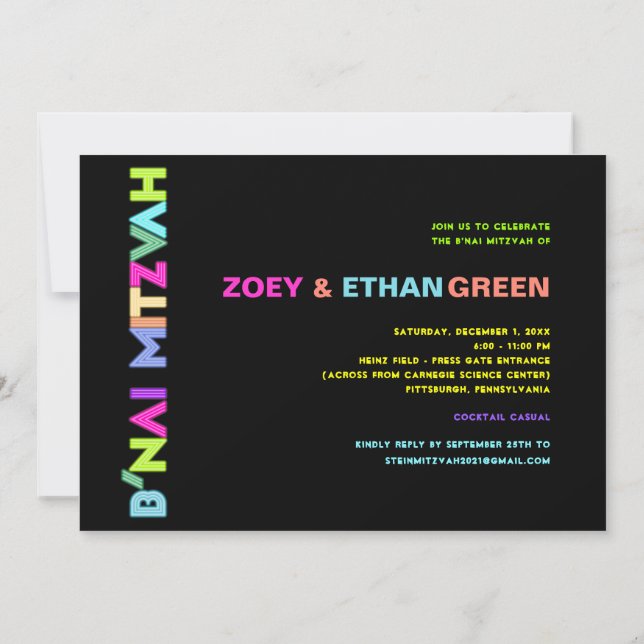 PixDezines Neon Lights B'nai Mitzvah ✡ Einladung (Rückseite)
