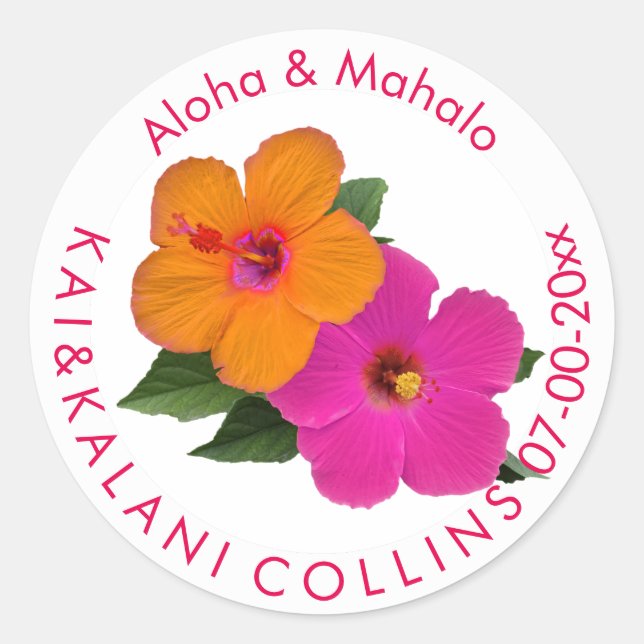 PixDezines Orange/Pink Hibiskus/Aloha/Mahalo Runder Aufkleber (Vorderseite)