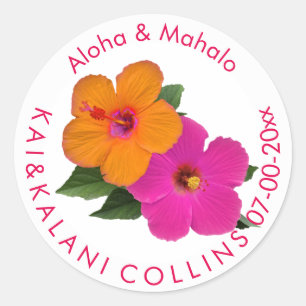 PixDezines Orange/Rosa Hibiskus/Aloha/Mahalo Runder Aufkleber