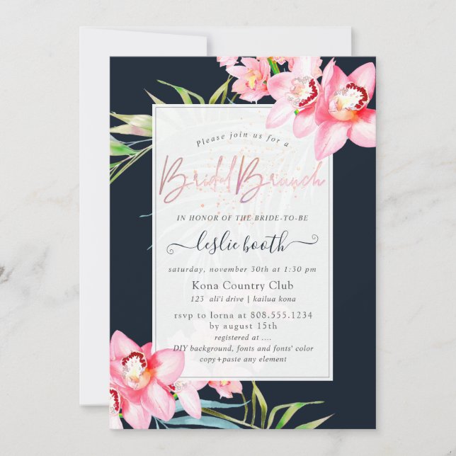 PixDezines Orchid Isle, Bridal Brunch Marine+Pink Einladung (Vorderseite)