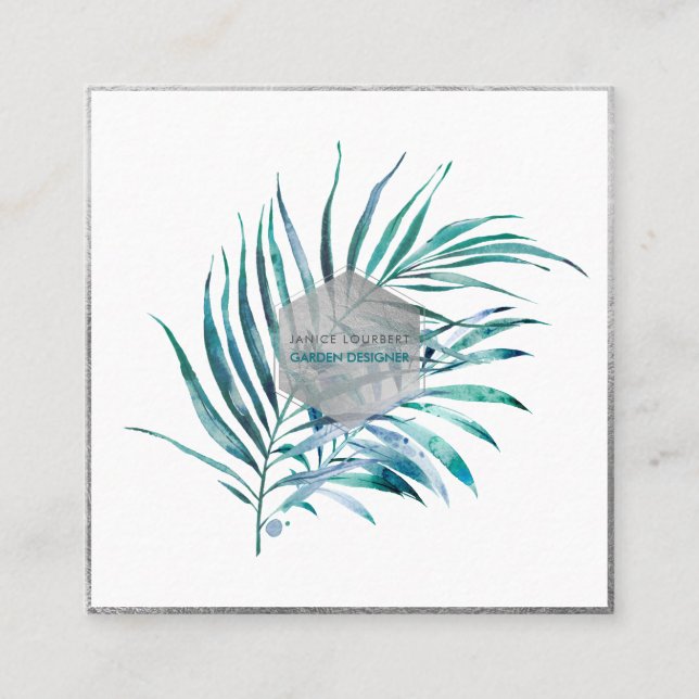 PixDezines PALM FRONDS, AQUAMARINER BLAU Quadratische Visitenkarte (Vorderseite)