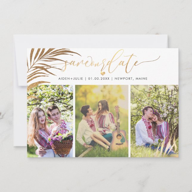 PixDezines Palm Fronds Imitate Gold Moderne Schrif Save The Date (Vorderseite)
