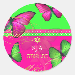 PixDezines Papillon, Retro-Bat Mitzvah Runder Aufkleber