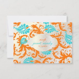 PixDezines Pavo Damast/Koralle+Blau RSVP Karte