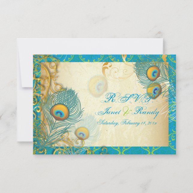 PixDezines Pfauenfeder/Aqua/Türkis RSVP Karte (Vorderseite)