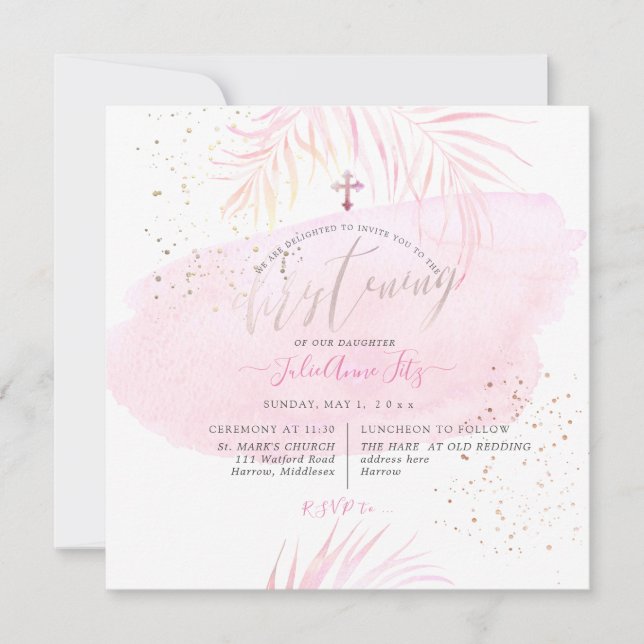 PixDezines Pink Aquarellpalmen Christening Einladung (Vorderseite)