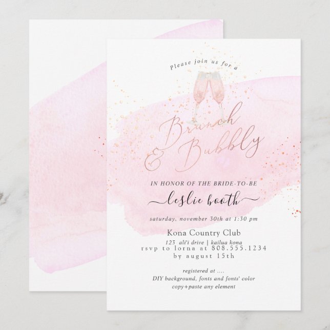 PixDezines Pink Champagner Brunch Bubbly Einladung (Vorne/Hinten)