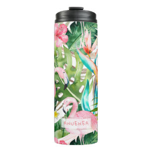 PixDezines Pink Flamingos+Tropical Foliage Thermosbecher