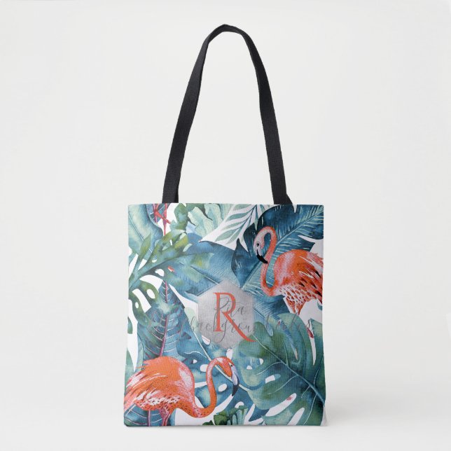 PixDezines Pink Flamingos+tropische Vegetation Tasche (Vorderseite)