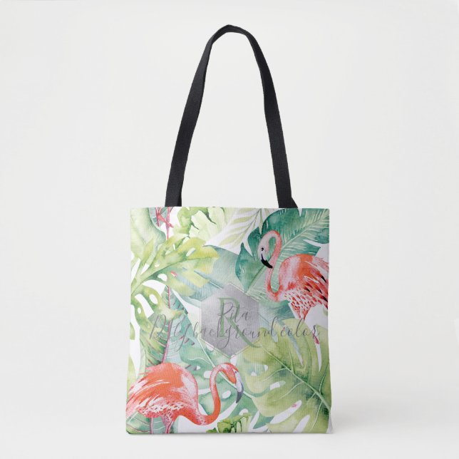 PixDezines Pink Flamingos+tropische Vegetation Tasche (Vorderseite)