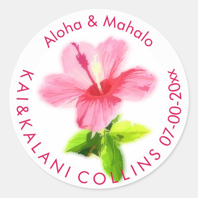 PixDezines Pink Hibiskus/Aloha/Mahalo/Vielen Dank Runder Aufkleber (Vorderseite)