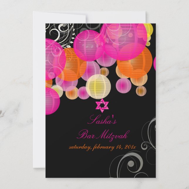 PixDezines pink+orange Laternen/Fledermaus Mitzvah Einladung (Vorderseite)