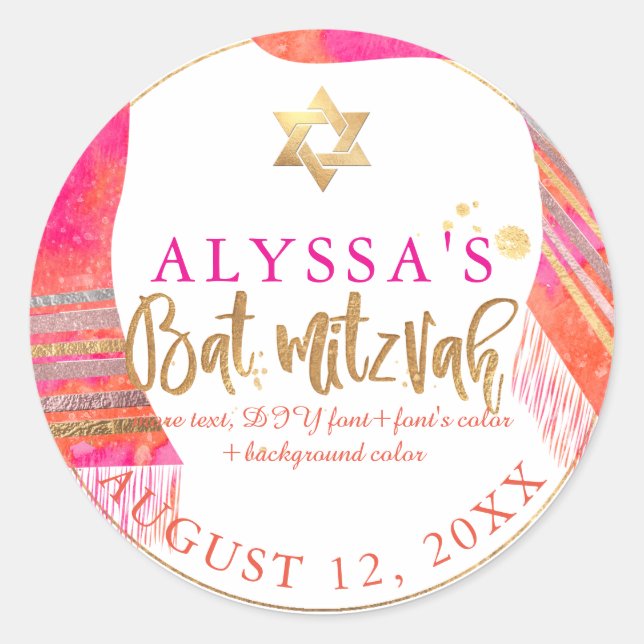 PixDezines Pink+Orange Watercol Tallit Bat Mitzvah Runder Aufkleber (Vorderseite)