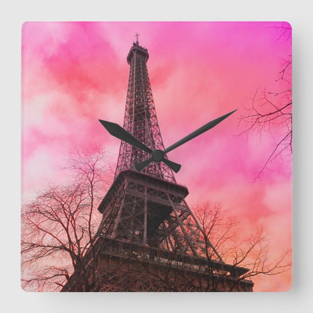 PixDezines pink paris/eiffel tower Quadratische Wanduhr (Vorderseite)
