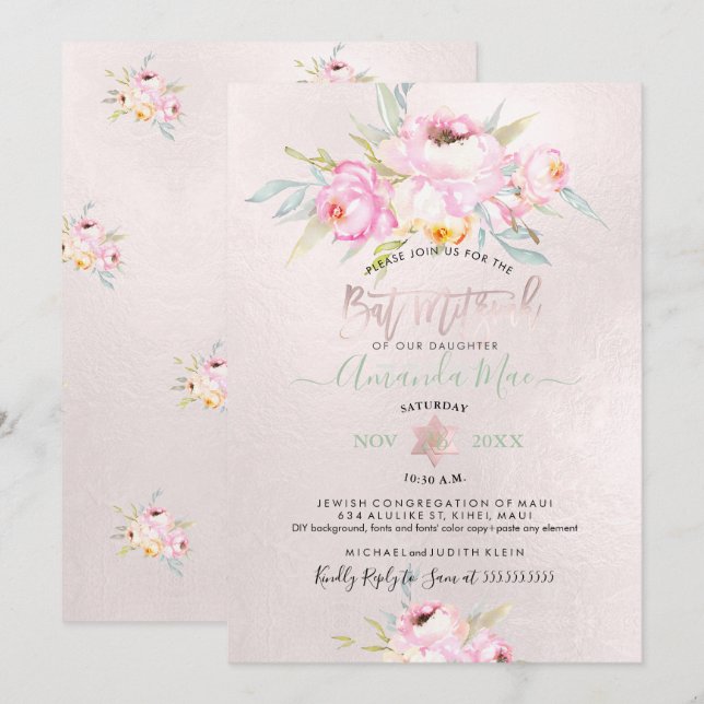 PixDezines Pink Peonies Watercolor Bat Mitzvah Einladung (Vorne/Hinten)