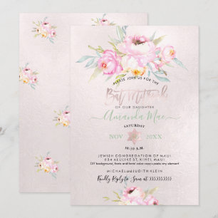 PixDezines Pink Peonies Watercolor Bat Mitzvah Einladung