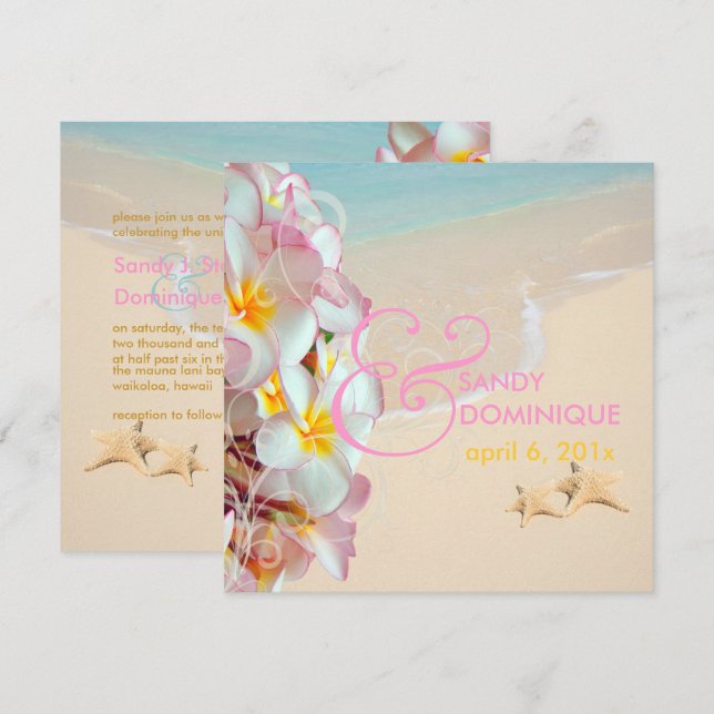 PixDezines Pink Plumeria+Beach/Wirbel/Tropical Einladung (Vorne/Hinten)