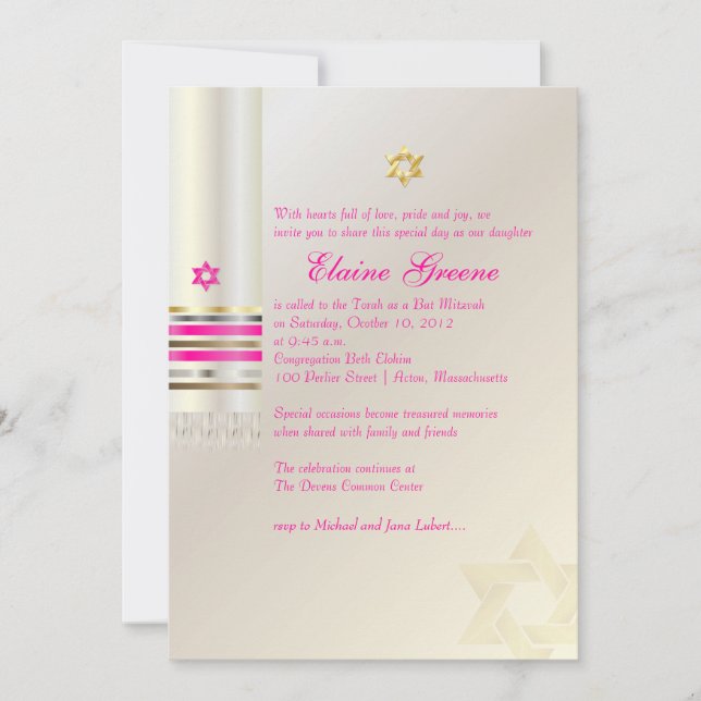 PixDezines Pink Tallit/Bat Mitzvah Einladung (Vorderseite)
