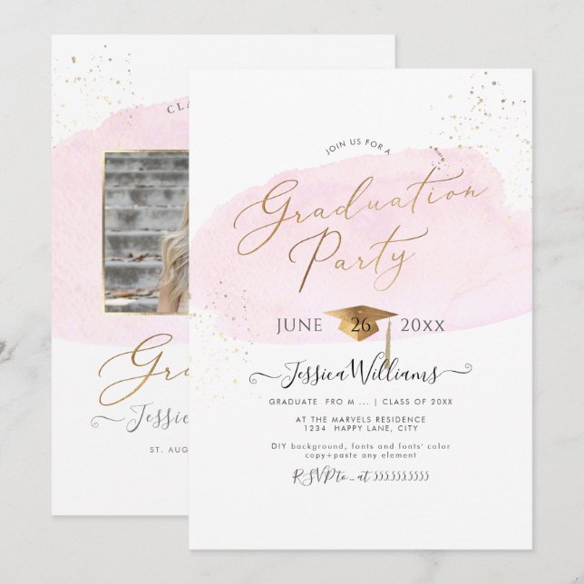 PixDezines Pink Watercolor Swatch Graduation Party Einladung (Vorne/Hinten)