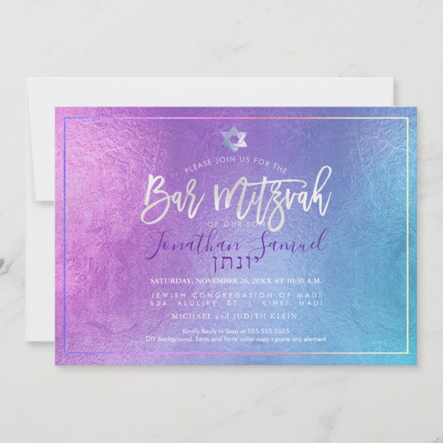 PixDezines Platinum Ombre Aquamarin Bar Mitzvah Einladung (Vorderseite)