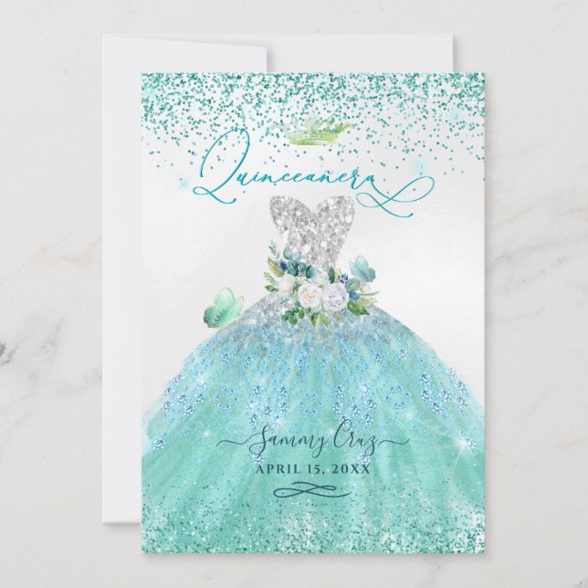 PixDezines Quinceanera Aqua Aquamariner Glitzer Ga Einladung (Vorderseite)