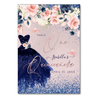 PixDezines Quinceanera Blush Navy Glitzer Gown DIY Tischnummer