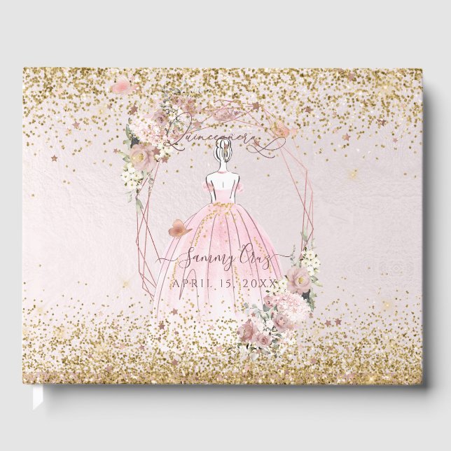 PixDezines Quinceanera Blush Pink Gold H2 Gästebuch (Vorderseite)