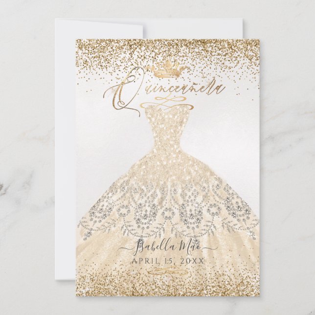 PixDezines Quinceanera Champagne Glitzer Gown Einladung (Vorderseite)