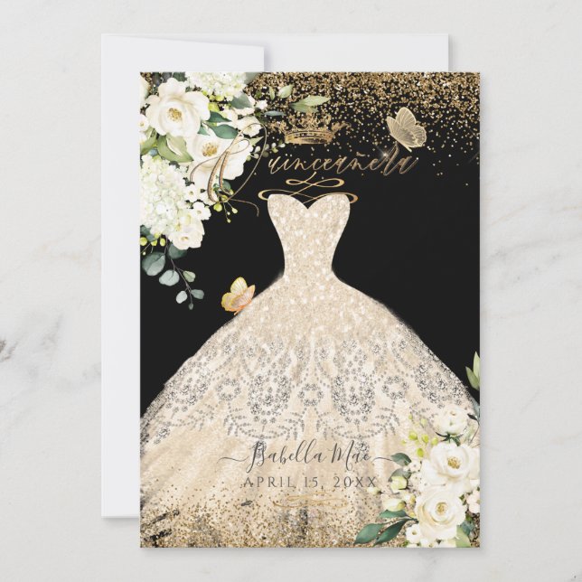 PixDezines Quinceanera Champagne Glitzer Gown Einladung (Vorderseite)