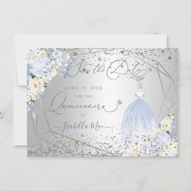 PixDezines Quinceanera Dusty Blue Dress Rett Datum Einladung (Vorderseite)