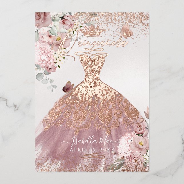 PixDezines Quinceanera Dusty Rose Gold Gown Folieneinladung (Vorderseite)