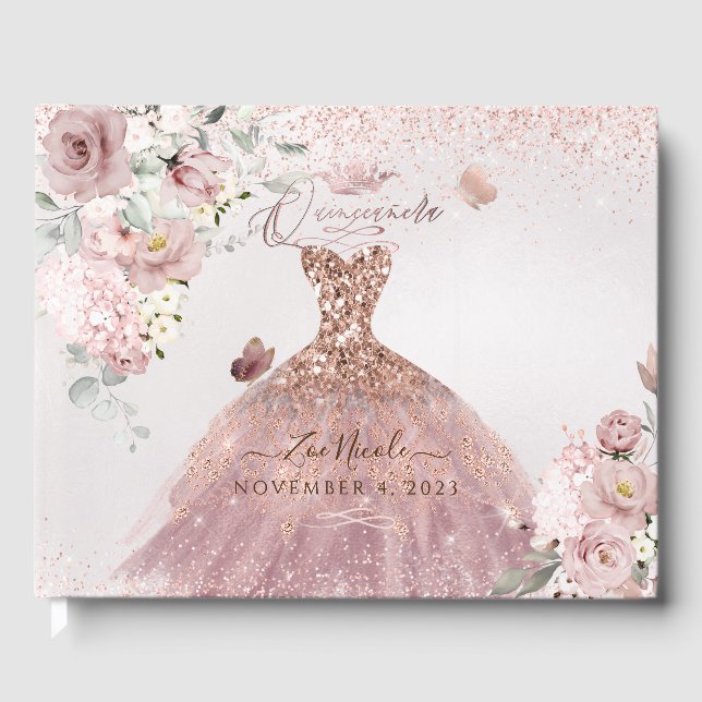 PixDezines Quinceanera Dusty Rose Gold Gown Gästebuch (Vorderseite)