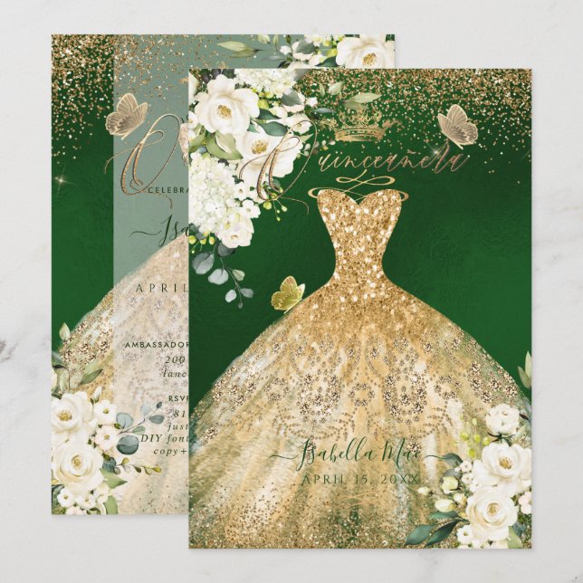 PixDezines Quinceanera Gold Glitzer Grün Einladung (Vorne/Hinten)