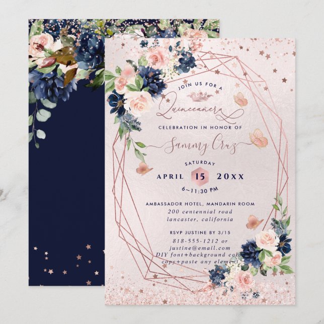 PixDezines Quinceanera H2 Blume Blush Navy Einladung (Vorne/Hinten)