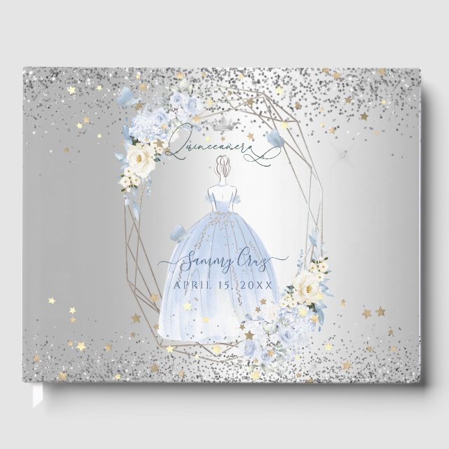 PixDezines Quinceanera H2 Blume Dusty Blue Rose Gästebuch (Vorderseite)